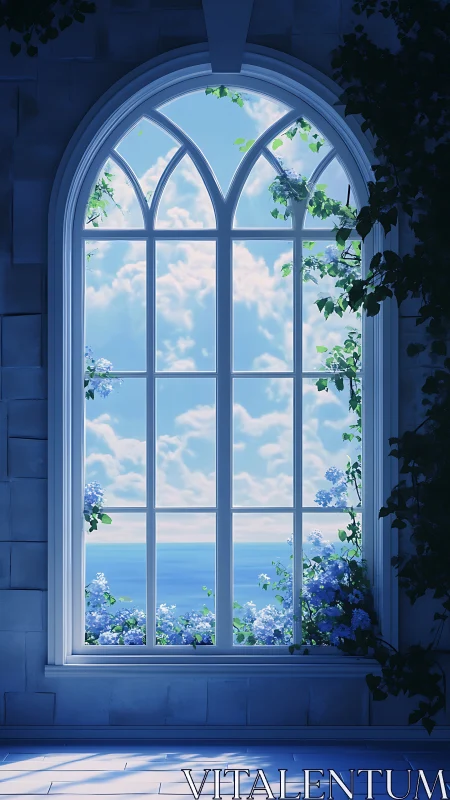 Gothic arch window framing ocean horizon in cool blue light.
