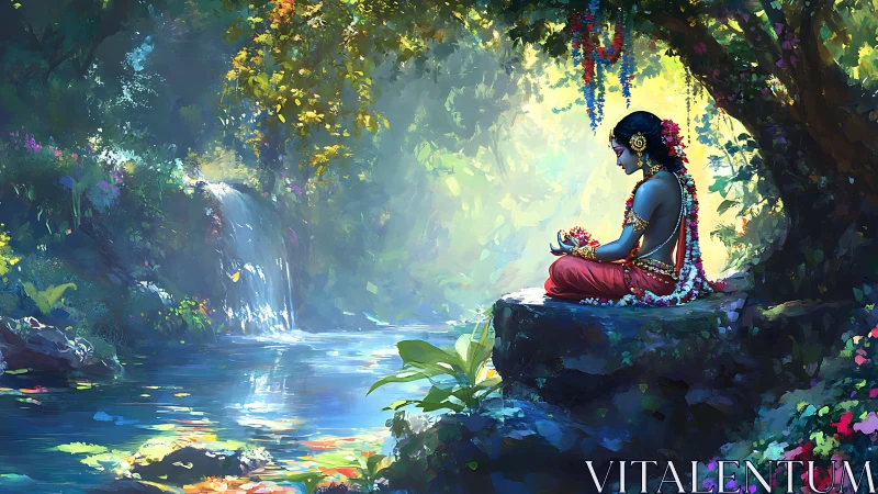 Forest light cradles a jeweled mystic in riverside prayer