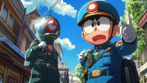 Tiny street officers rally under a sky of cartoon-blue resolve