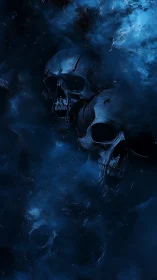 Blue spectral skulls drift through swirling cosmic mist.