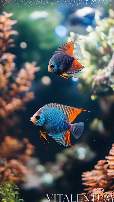 Colorful reef angelfish glide through blurred coral habitat