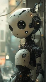 Small white robot with large round head in city street.