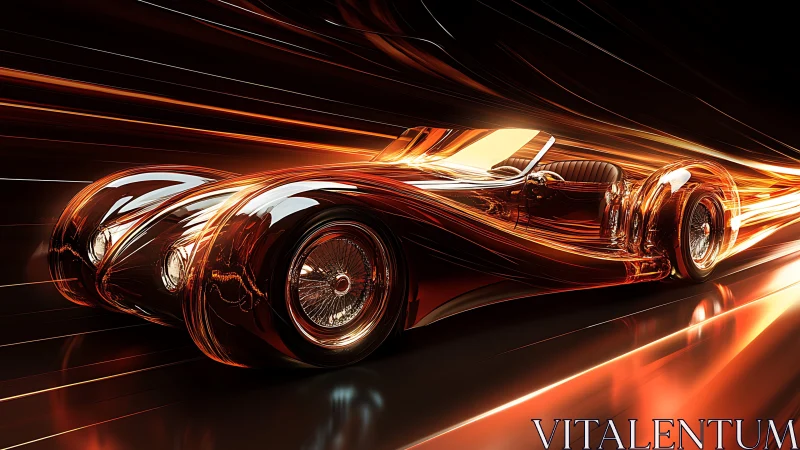 Streamlined copper roadster racing through glowing light trails.