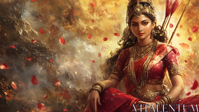 Regal warrior goddess in crimson amidst swirling petals.