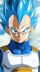 Blue haired anime warrior in white and blue battle armor.