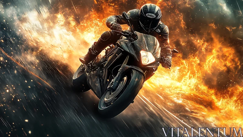 Midnight rider carving fire through a stormy neon road.