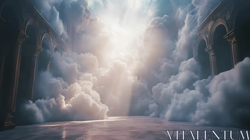 Celestial light floods marble arcade through rising clouds.