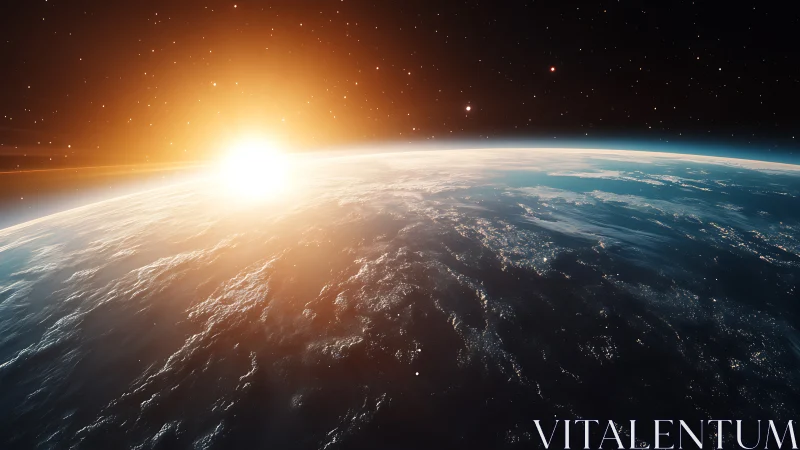 Sunrise curves over Earth horizon with glowing atmosphere