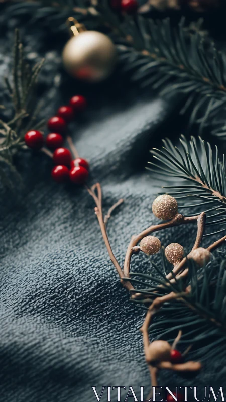 Holiday fir branches with berries on textured dark fabric.