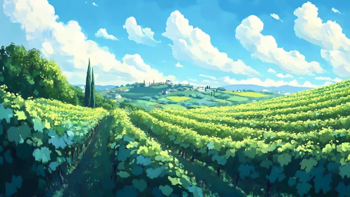 Luminous vineyard perspective under cumuliform cloud architecture.