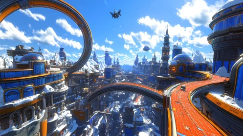 Snowbound sci fi city glows under looping skyways and sun