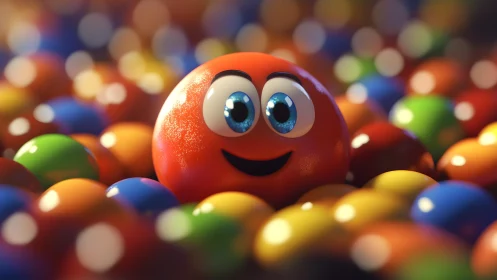 Red Sphere Character Among Colorful Balls.