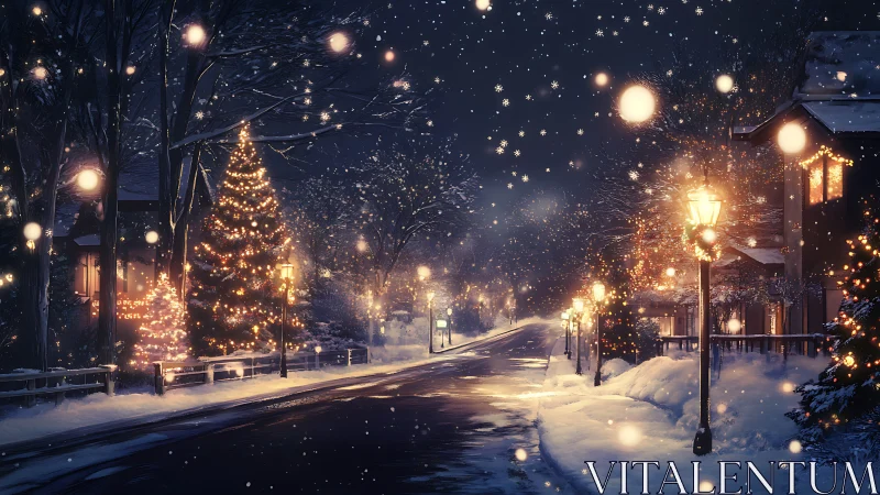 Snow-covered residential street is illuminated by winter lights