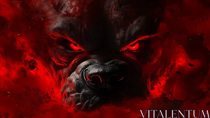 Demonic canine face amid blazing red smoke and shadow.