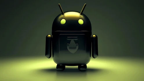 Android-style security robot glows under moody green lighting