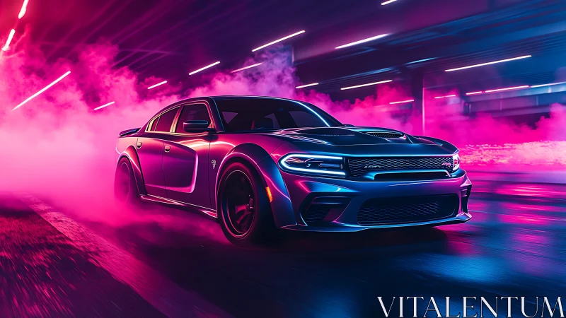 Performance sedan in neon lit tunnel with dense colored smoke.