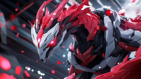 Mechanical dragon construct is rendered in red and silver armor