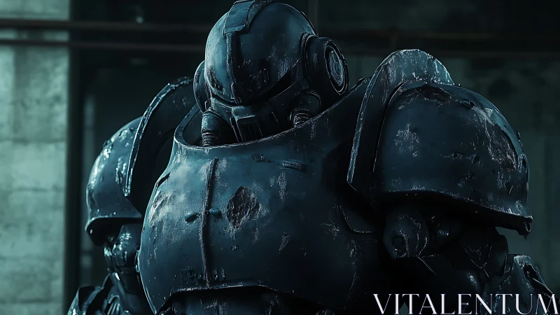 Heavily weathered industrial combat exosuit in idle standby mode.