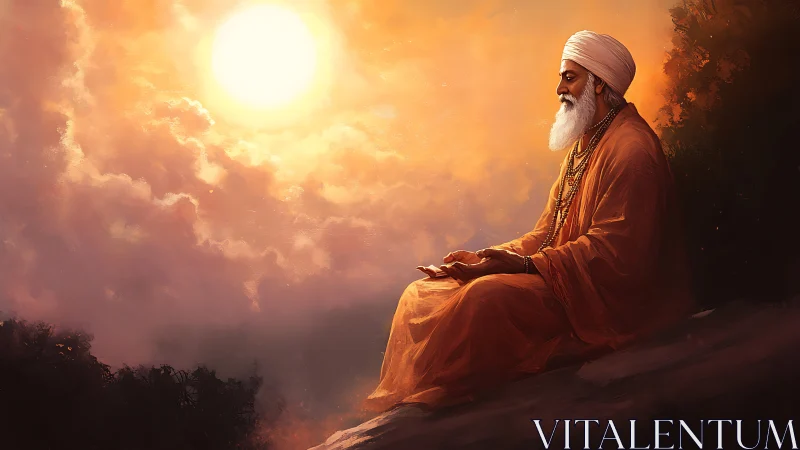 Digital painting of meditative sage in radiant sunset atmosphere.