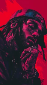 Moody digital portrait of tattooed man in red light.