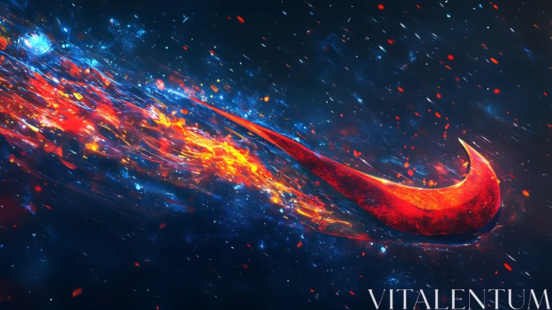 Digital painting of fiery swoosh emblem in cosmic motion field.