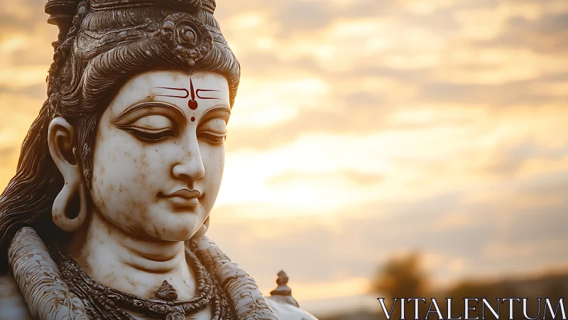 Serene stone deity sculpture in warm sunset backlight glow.