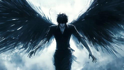 Dark winged angel descends through fractured white light.