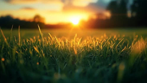 Close-up of green grass at sunrise, soft focus, warm light.