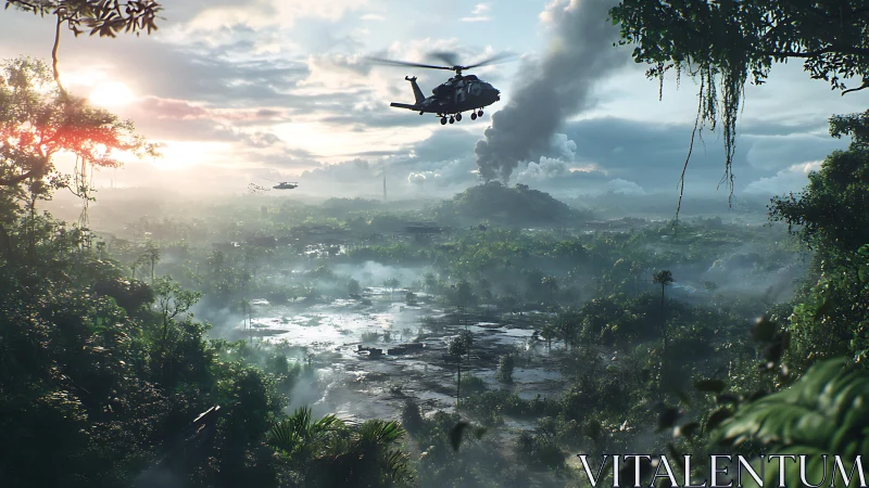 Military helicopters over flooded jungle valley at sunrise.