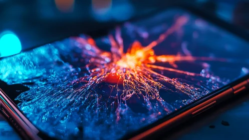 Shattered smartphone screen glows with vivid neon fracture