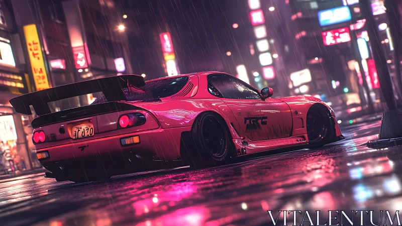Neon-lit tuner car idles in a rain-soaked night street