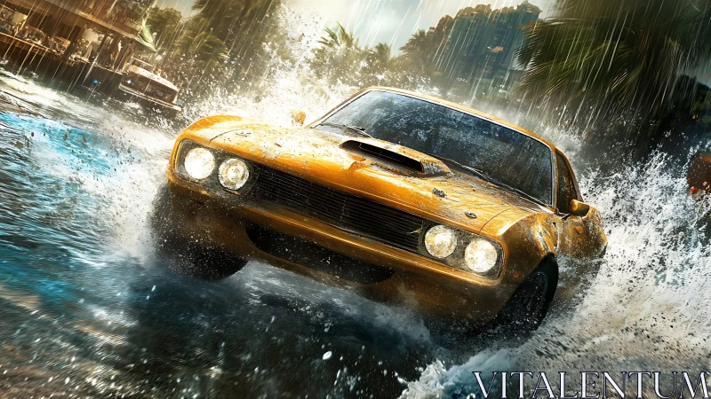Roaring muscle car charges through rain and glittering water