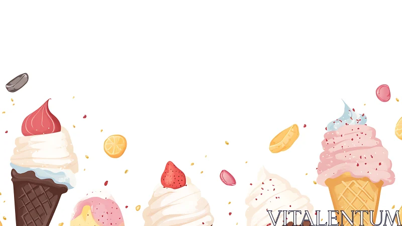 Whimsical ice cream cones with fruit accents on white.