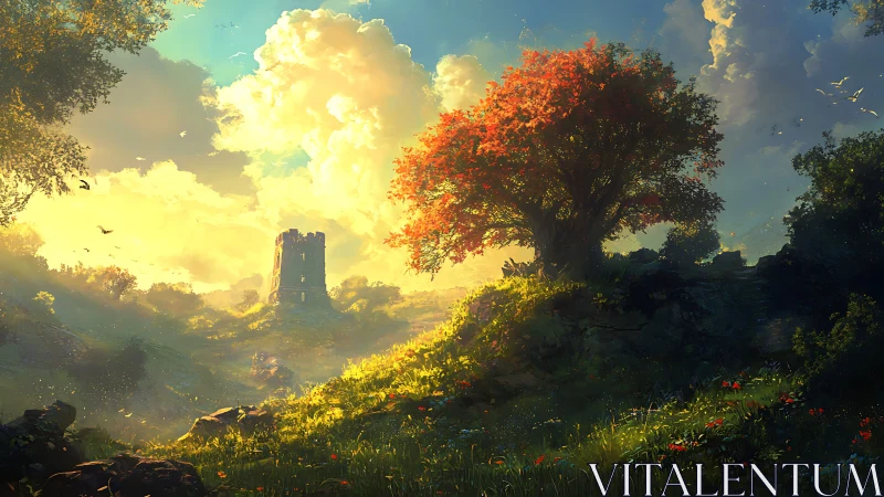 Sunlit red tree above ruin tower in lush fantasy valley.