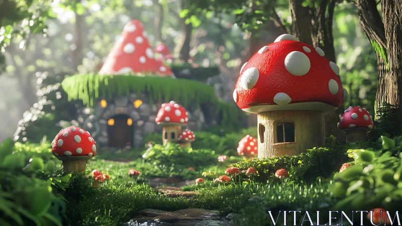 Mushroom houses stand in a rendered sunlit forest clearing