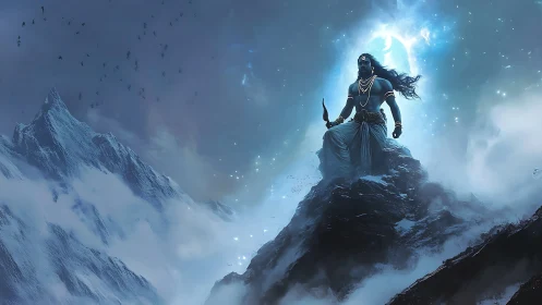 Divine figure on icy summit under crescent-lit celestial storm.