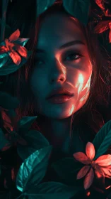 Neon-lit forest muse in dramatic teal and crimson light.