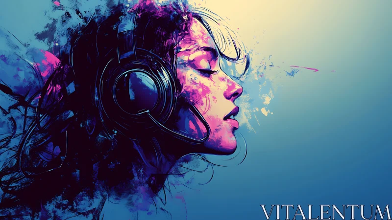 Neon-splashed profile of woman in headphones drifts inward.