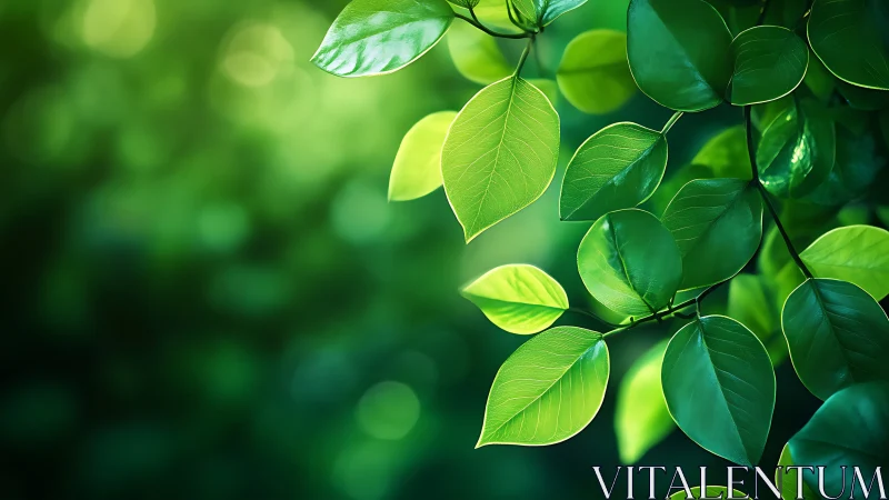 Sunlit green leaves glow softly against a blurred forest