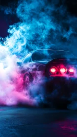 Neon drift car emerging through dense cyberpunk smoke.