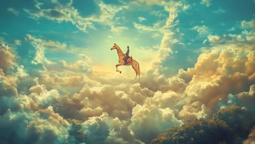 Skybound giraffe steed and fearless rider above dream clouds.