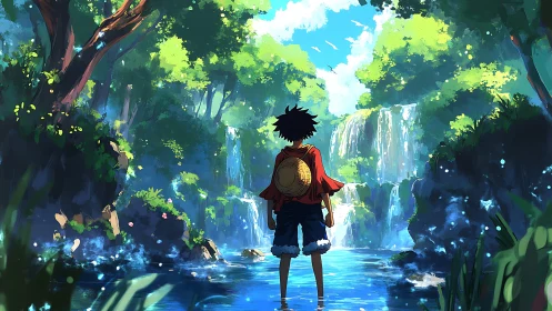 Anime explorer facing luminous forest waterfall pool.