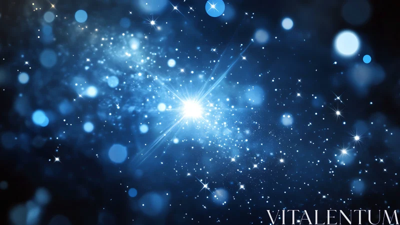 Stellar light burst with radial particle dispersion in blue space.