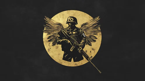 Winged guardian soldier in bold golden silhouette emblem.