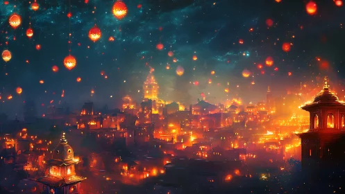 Lantern-lit fantasy city ignites beneath a cosmic night sky.