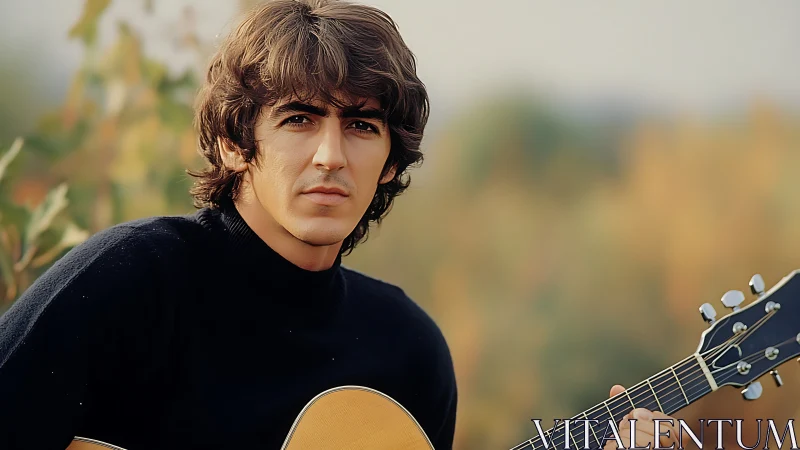 Gentle afternoon guitarist in soft autumn light outdoors.