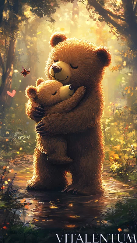 Sunlit forest cuddle with a bear parent and cub hug.