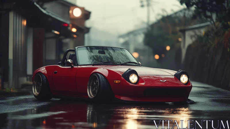 Red lowered convertible sits on wet street in rainy dusk