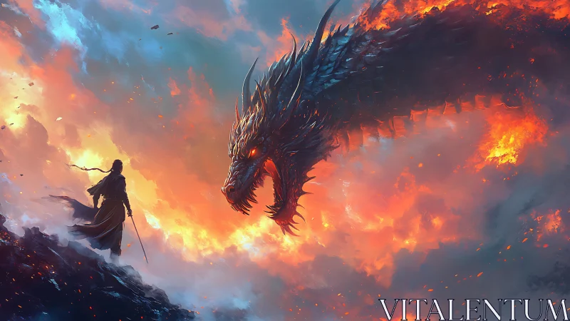 Fiery sky standoff between lone wanderer and dragon.