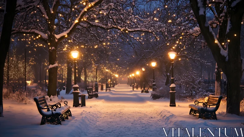 Photorealistic snowy park avenue with illuminated pathways.